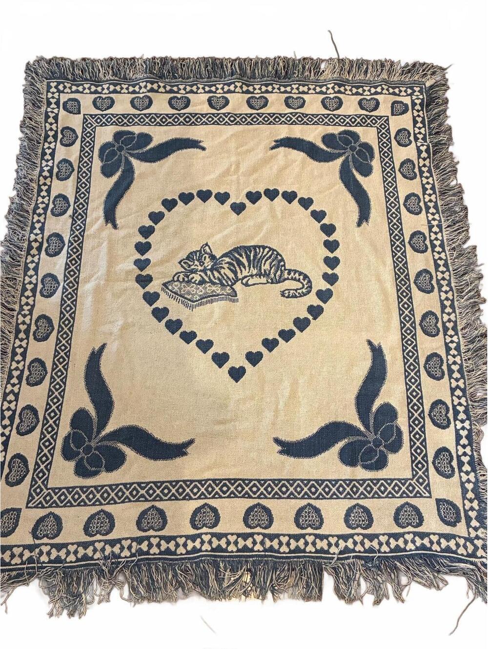 Blue and Cream Cat Heart Fringe Woven Throw Rug Blanket